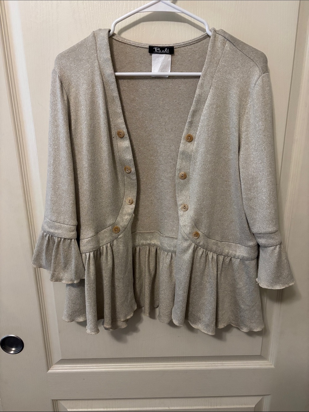 Bali Cream 3/4 Sleeve Ruffle-Hem Cardigan with Buttons